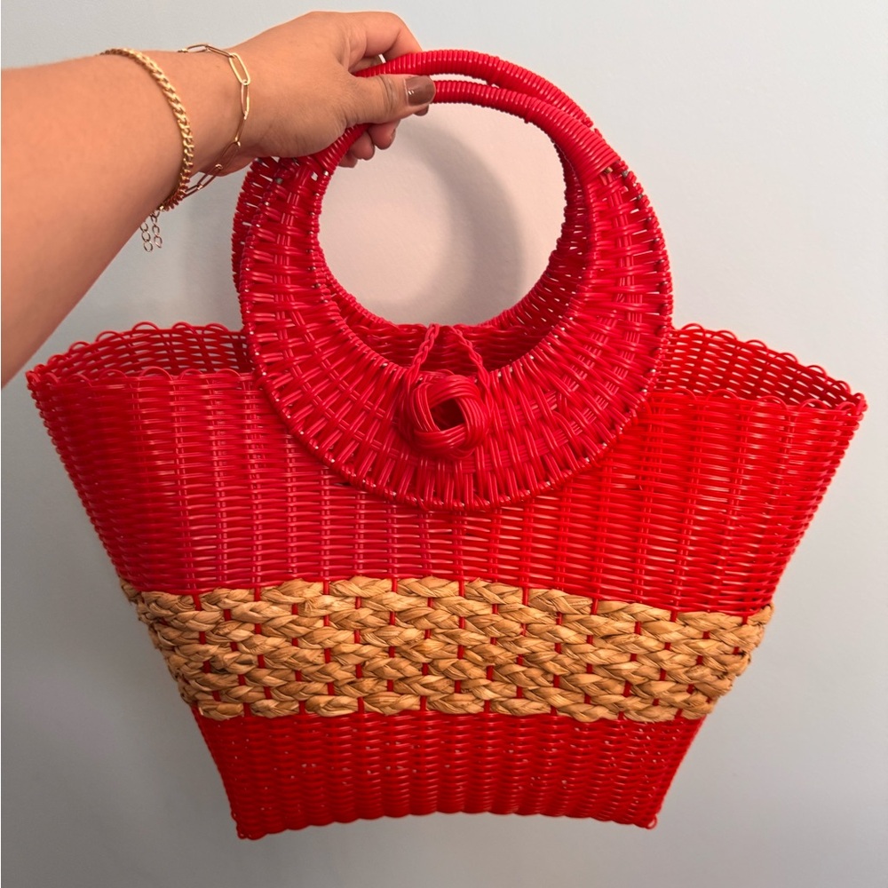 Vibrant Red and Tan Woven Tote Bag